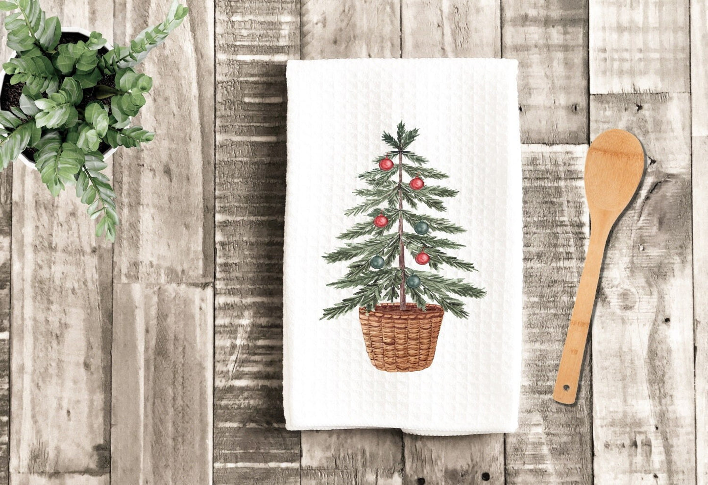 Christmas Watercolor Tree Merry Christmas Tea Dish Towel - Winter Tea Towel Kitchen Décor - Housewarming Farm Decorations house Towel