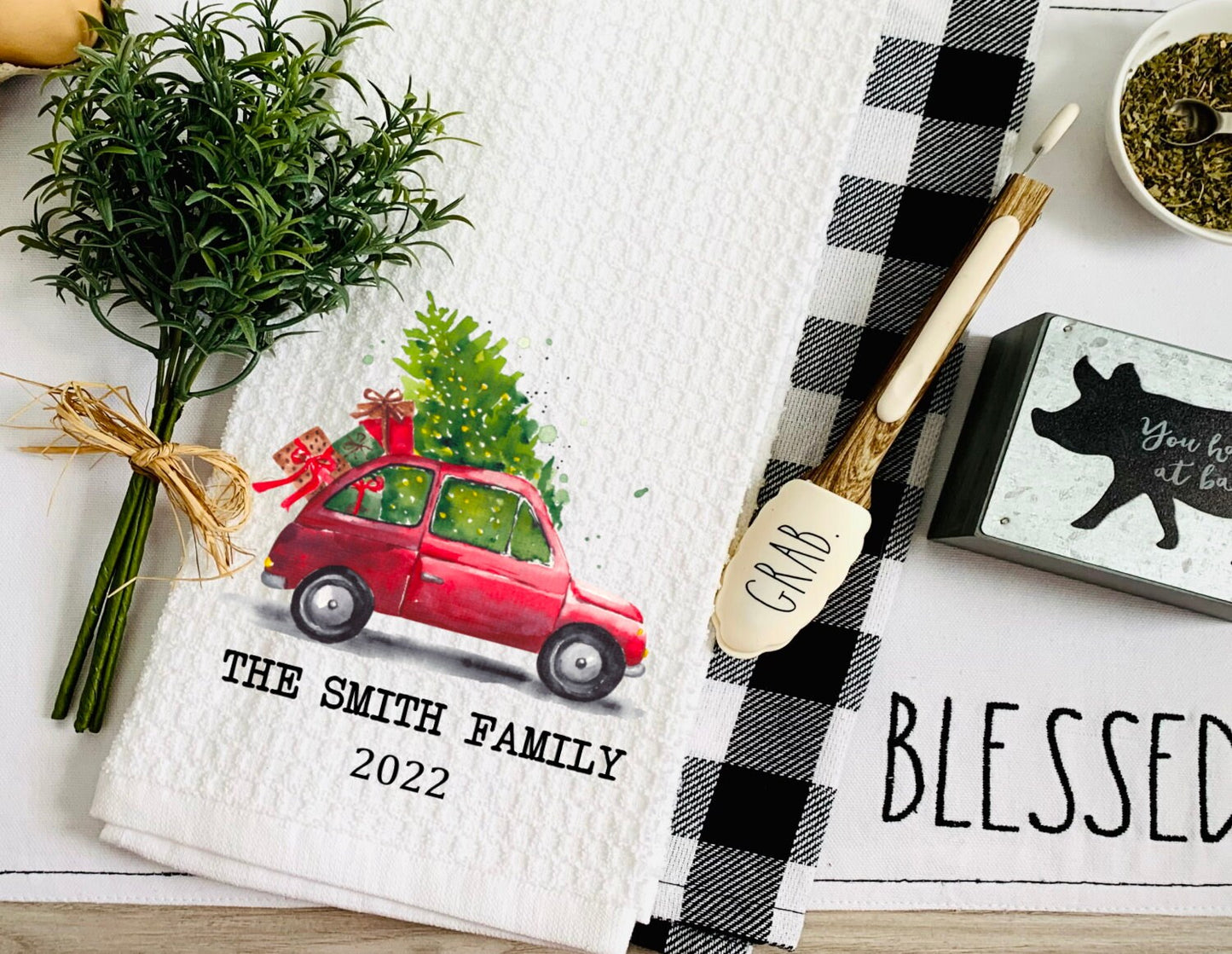 Merry Christmas Tree Car Tea Dish Towel - Christmas Towel Kitchen Décor - Housewarming Farm Decorations house Towel