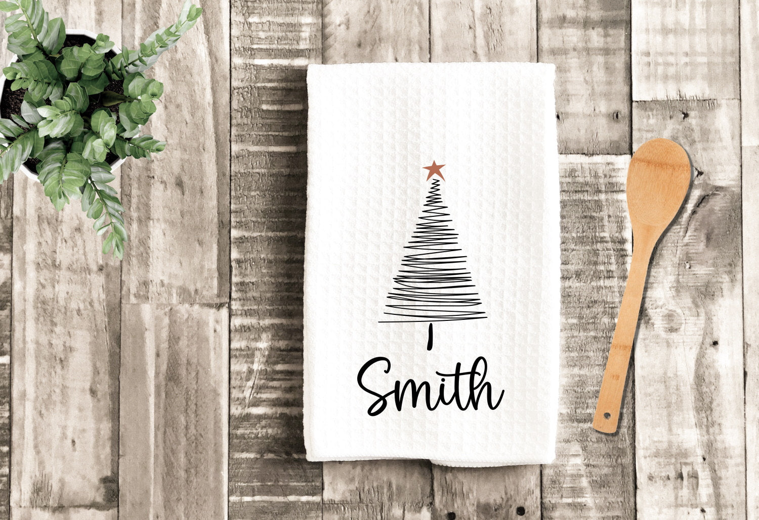 Christmas Tree Personalized Tea Dish Towel - Modern Tree Name Tea Towel Kitchen Décor - Housewarming Farm Decorations house Towel