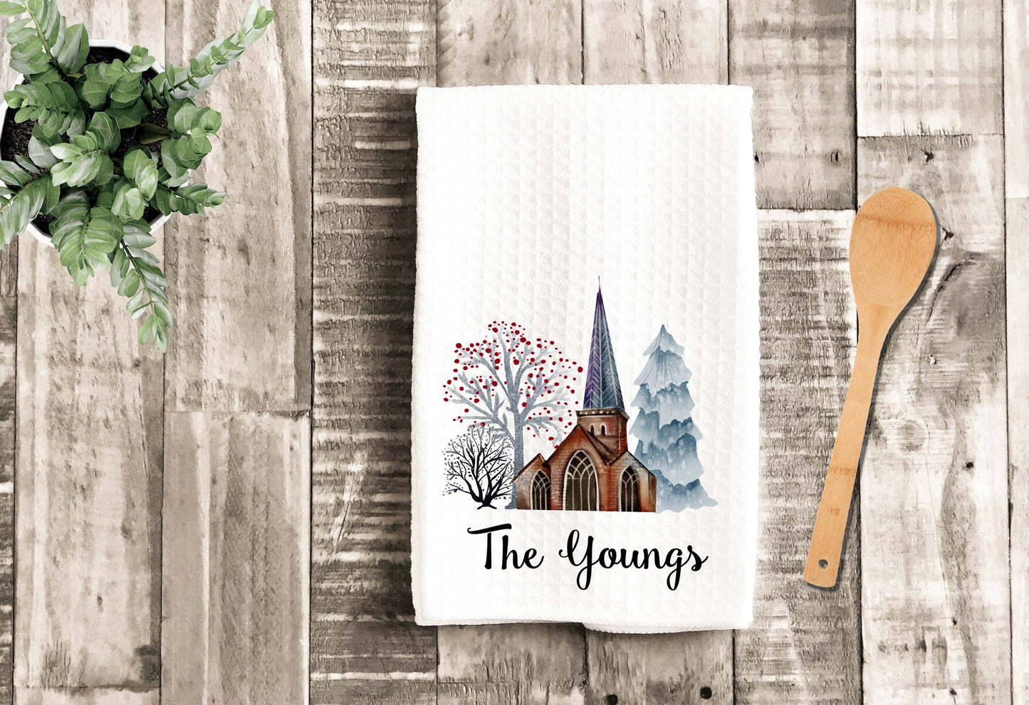 Winter Church Personalized Tea Dish Towel - Christmas Watercolor Tea Towel Kitchen Décor - Housewarming Farm Decorations house Towel