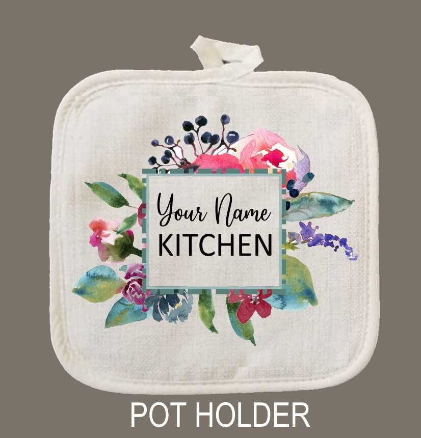 Kitchen Peonies Personalized Oven Mitt & Pot Holder Set, Grandma Gift Set Personalized Oven Mitts, Gifts for Mom, Gift for Aunt
