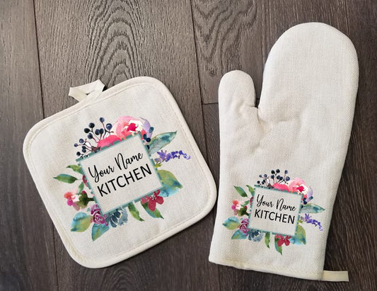 Kitchen Peonies Personalized Oven Mitt & Pot Holder Set, Grandma Gift Set Personalized Oven Mitts, Gifts for Mom, Gift for Aunt