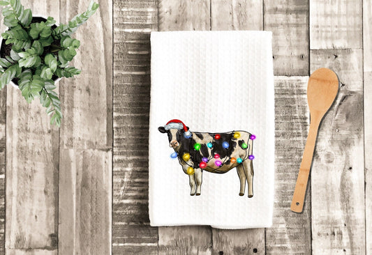 Christmas Cow Tea Dish Towel - Christmas Holstein Lights Tea Towel Kitchen Décor - New Home Gift, Housewarming Farm Decorations house Towels