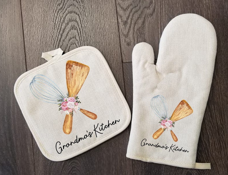 Personalized Oven Mitt & Pot Holder Set, Grandma Gift Set Watercolor Whisk Spoon Oven Mitts, Gifts for Mom, Camping RV