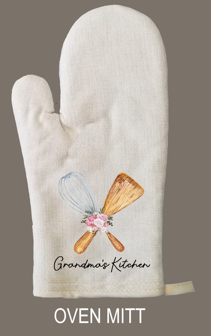 Personalized Oven Mitt & Pot Holder Set, Grandma Gift Set Watercolor Whisk Spoon Oven Mitts, Gifts for Mom, Camping RV