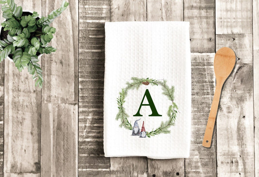 Christmas Wreath Gnome Personalized Tea Dish Towel - Christmas Gnomes Monogram Towel Kitchen Décor - Housewarming Farm Decorations