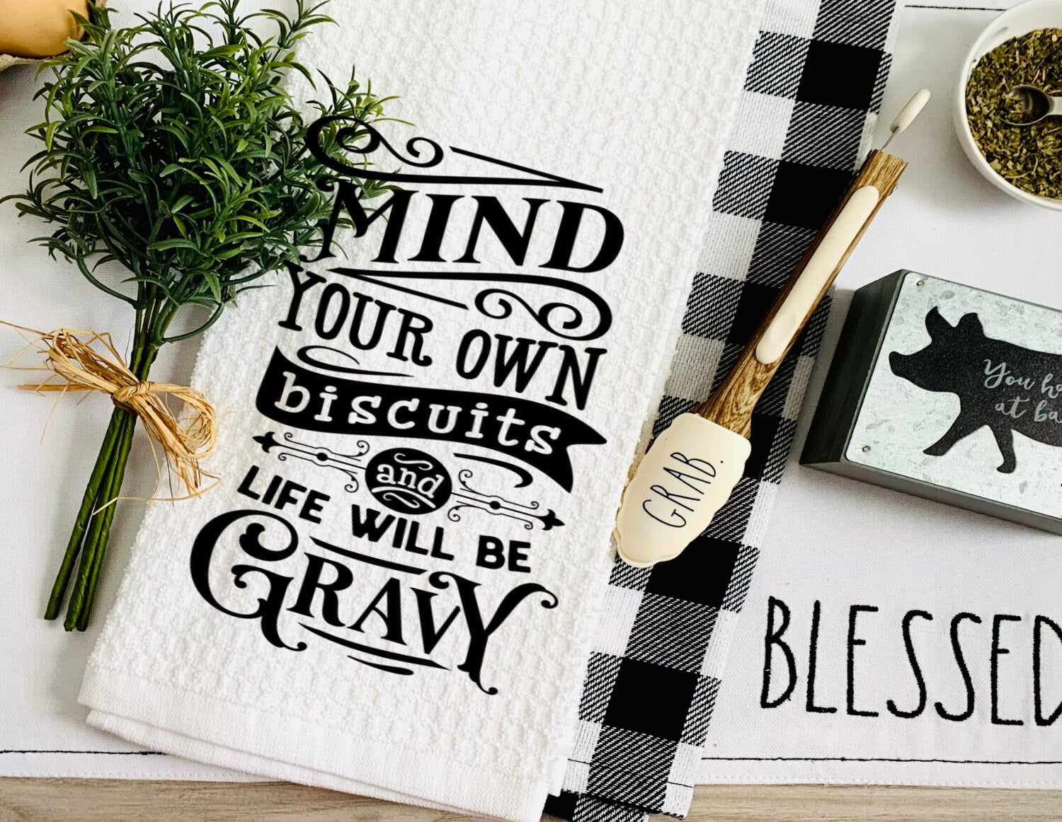 Mind Your Own Biscuits Life Gravy Tea Dish Towel - Funny Tea Towel Kitchen Décor - Housewarming Farm Decorations house Towel