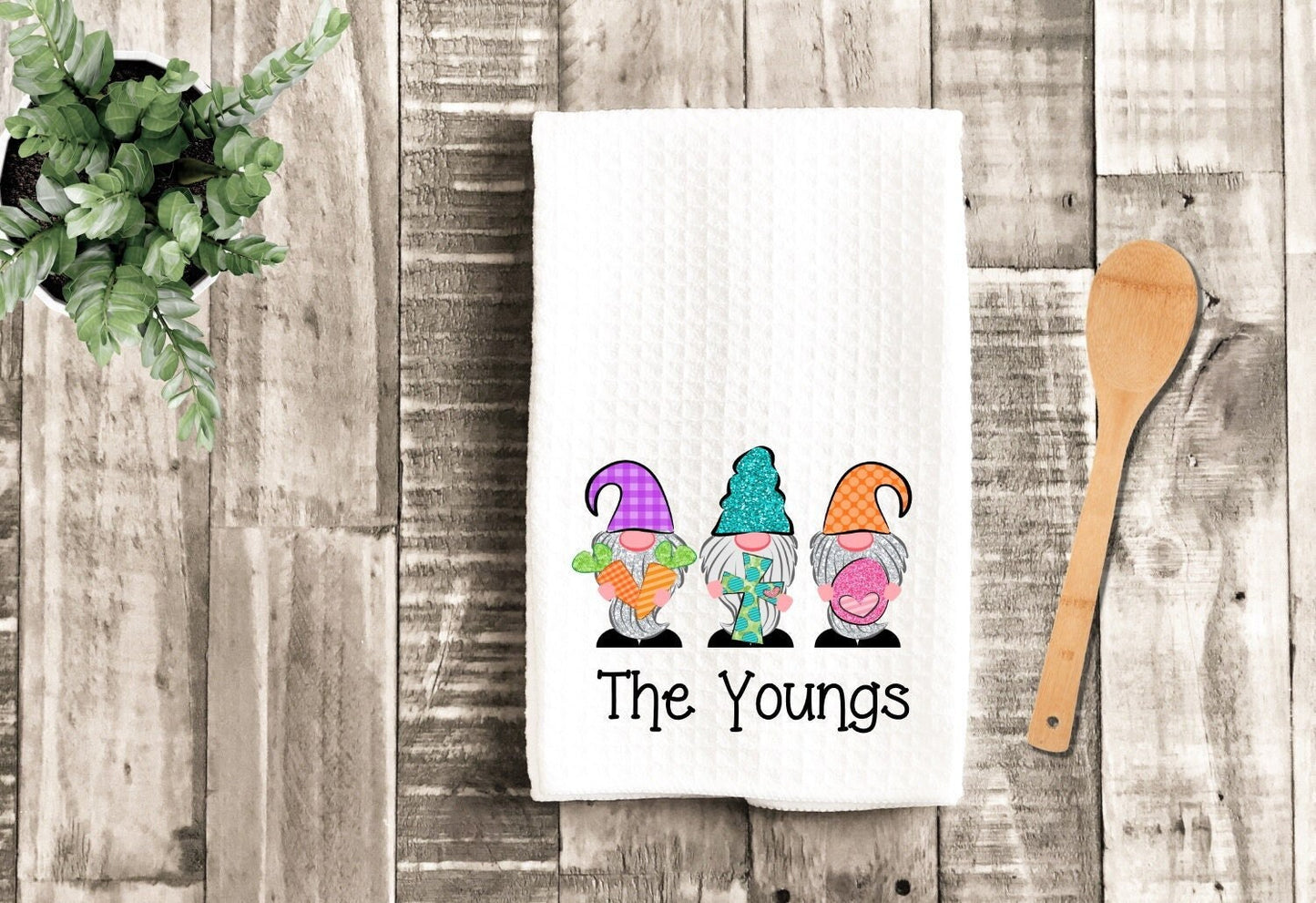 Personalized Easter Gnomes Tea Dish Towel - Easter Gnome Towel Kitchen Décor - Housewarming Farm Decorations house Towel