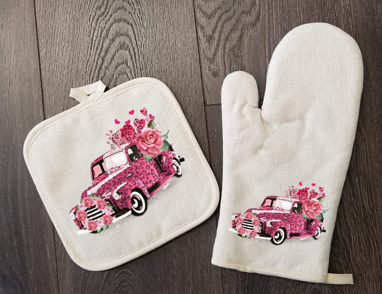 Valentine's Heart Old Truck Oven Mitt & Pot Holder Set, Gift Set, Hostess Gift Set, Oven Mitts, Gifts for Mom, Camping RV