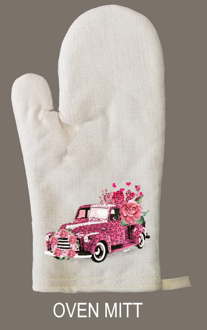 Valentine's Heart Old Truck Oven Mitt & Pot Holder Set, Gift Set, Hostess Gift Set, Oven Mitts, Gifts for Mom, Camping RV