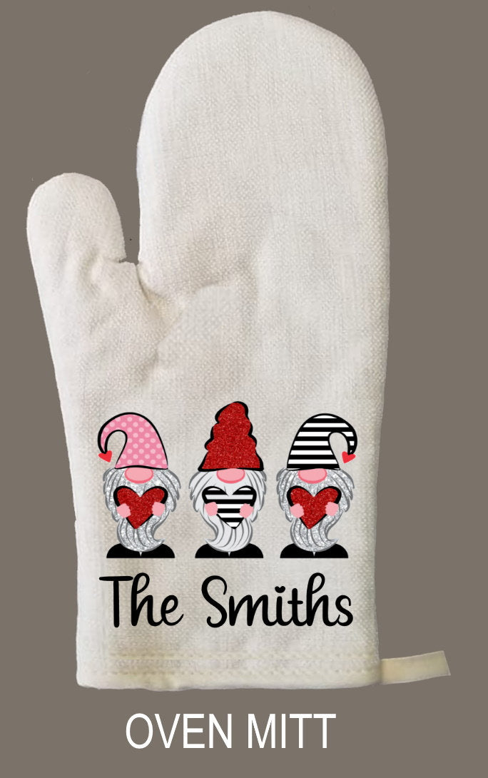 Valentine's Gnomes Personalized Oven Mitt & Pot Holder Set, Gnome Gift Set, Hostess Gift Set, Oven Mitts, Gifts for Mom, Camping RV