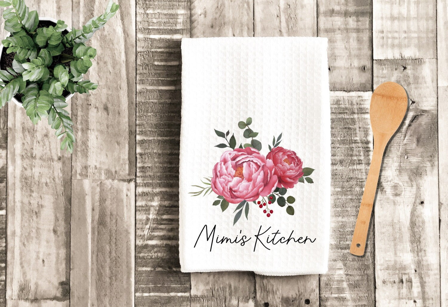 Personalized Kitchen Floral Bouquet Watercolor Dish Towel - Mother's Day Mimi Tea Towel Kitchen Decor - New Home Gift Farm Decorations Towel