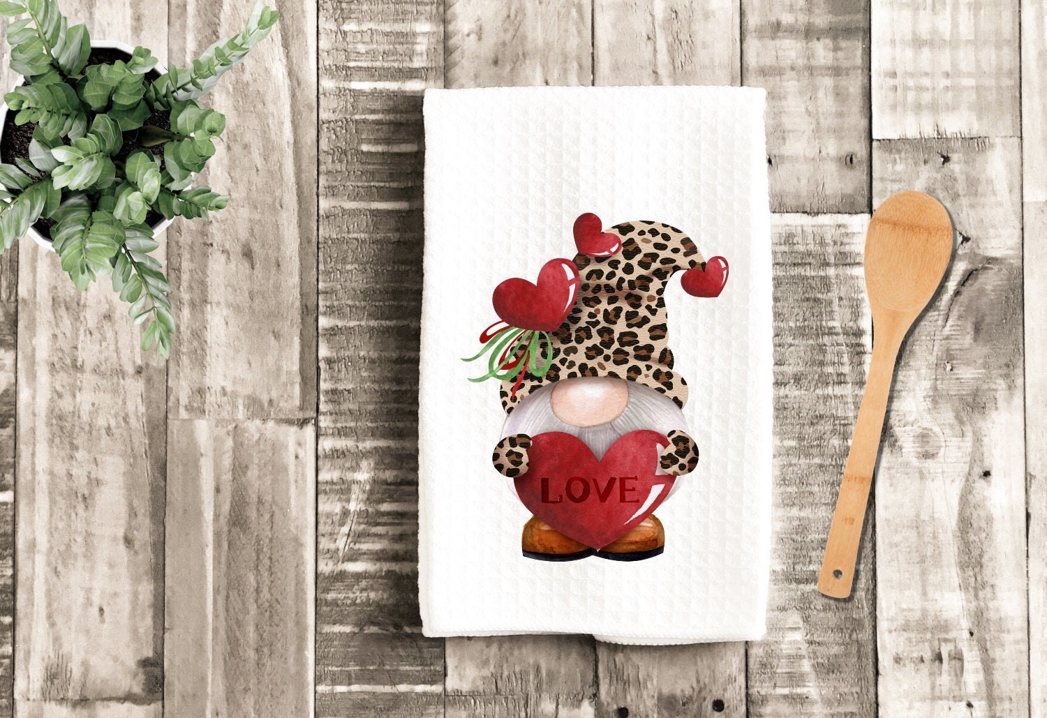 Valentine's Day Gnome Leopard Love Gnome Dish Towel - Hearts Tea Towel Kitchen Decor - New Home Gift Farm Decorations house Decor Towel