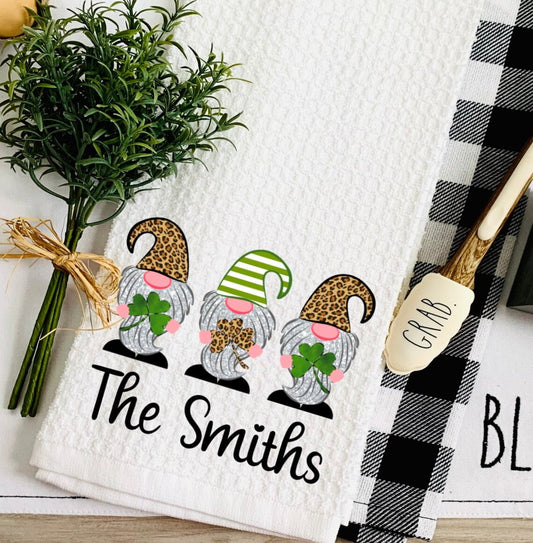 St. Patrick's Day Gnomes Personalized Gnome Dish Towel - Shamrock Tea Towel Kitchen Decor - New Home Gift Farm Decorations house Decor Towel