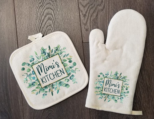 Kitchen Eucalyptus Personalized Oven Mitt & Pot Holder Set, Grandma Gift Set Personalized Oven Mitts, Gifts for Mom, Gift for Aunt