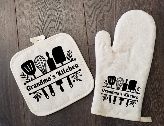 Personalized Cooking Utensils Oven Mitt & Pot Holder Set, Gift Set, Hostess Gift Set, Bridal Shower Oven Mitts, Gifts for Mom, Camping RV