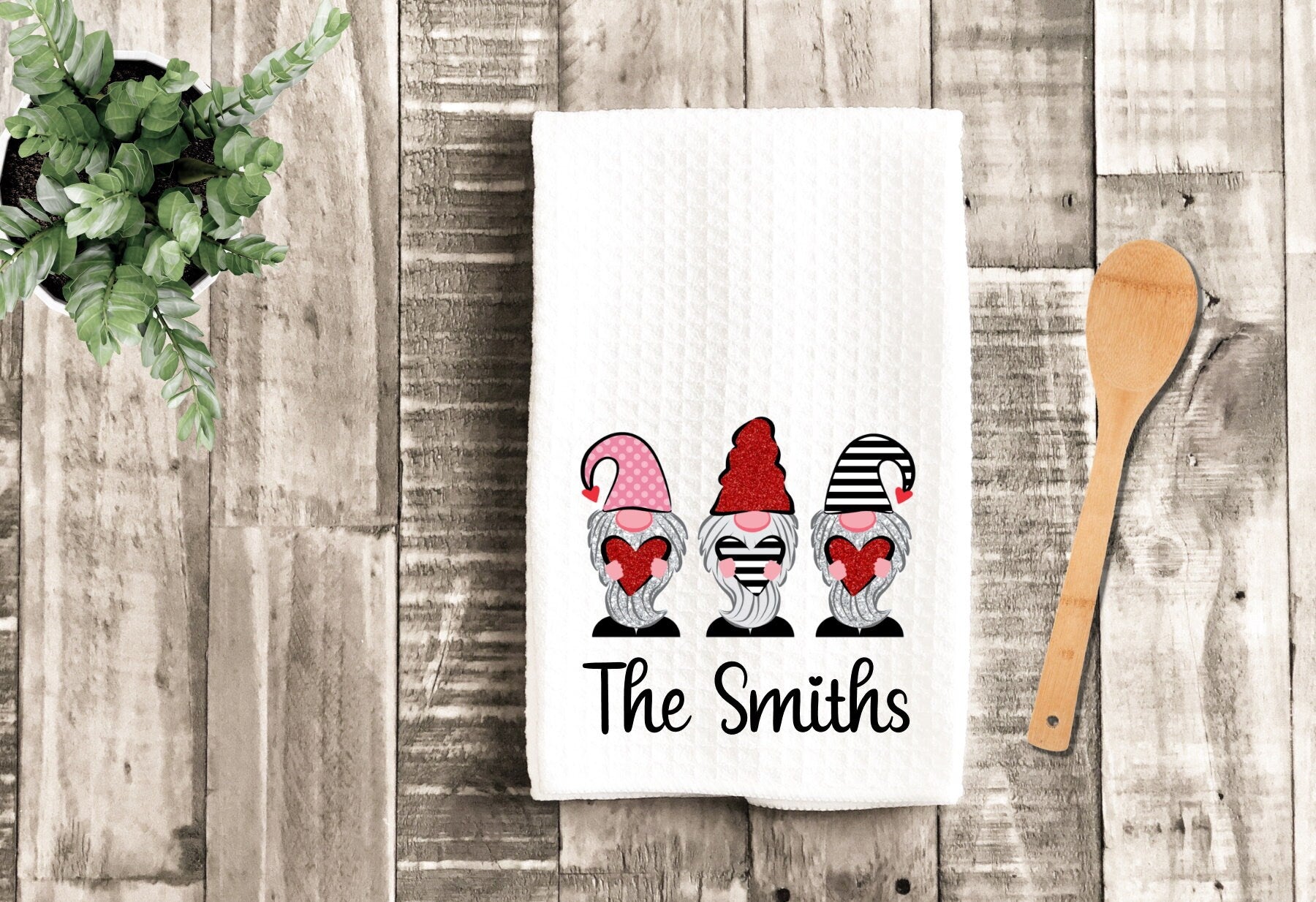 Valentine's Day Gnomes Personalized Gnome Dish Towel - Hearts Tea Towel Kitchen Decor - New Home Gift Farm Decorations house Decor Towel