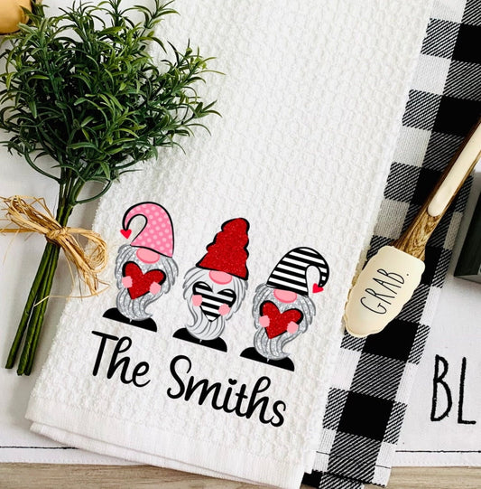 Valentine's Day Gnomes Personalized Gnome Dish Towel - Hearts Tea Towel Kitchen Decor - New Home Gift Farm Decorations house Decor Towel