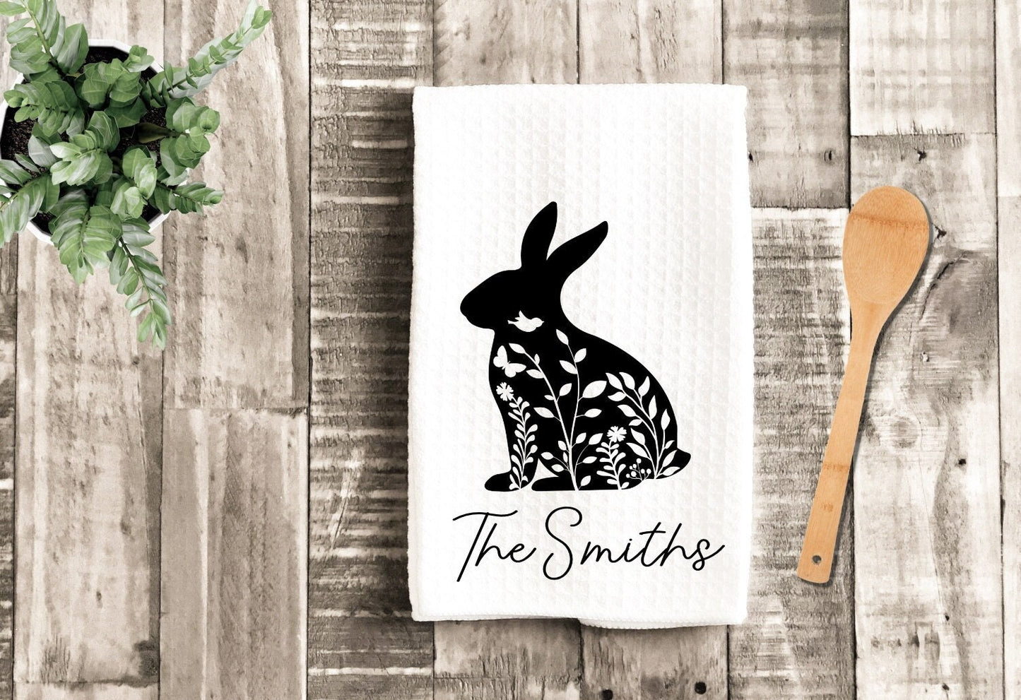 Floral Rabbit Silhouette Personalized Kitchen Dish Towel - Easter Bunny Tea Towel Kitchen - New Home Gift Farm Decorations house Decor Towel