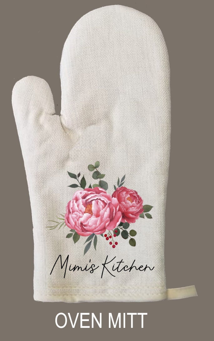 Floral Personalized Oven Mitt & Pot Holder Set, Flowers Grandma Gift Set Personalized Oven Mitts, Gifts for Mom, Gift for Aunt, Hostess Gift
