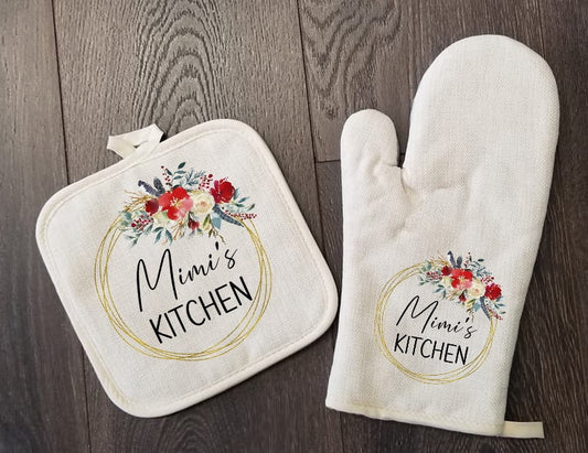 Personalized Oven Mitt & Pot Holder Set, Mimi Floral Frame Grandma Personalized Oven Mitts, Gifts for Mom, Mimi's Kitchen Camping RV