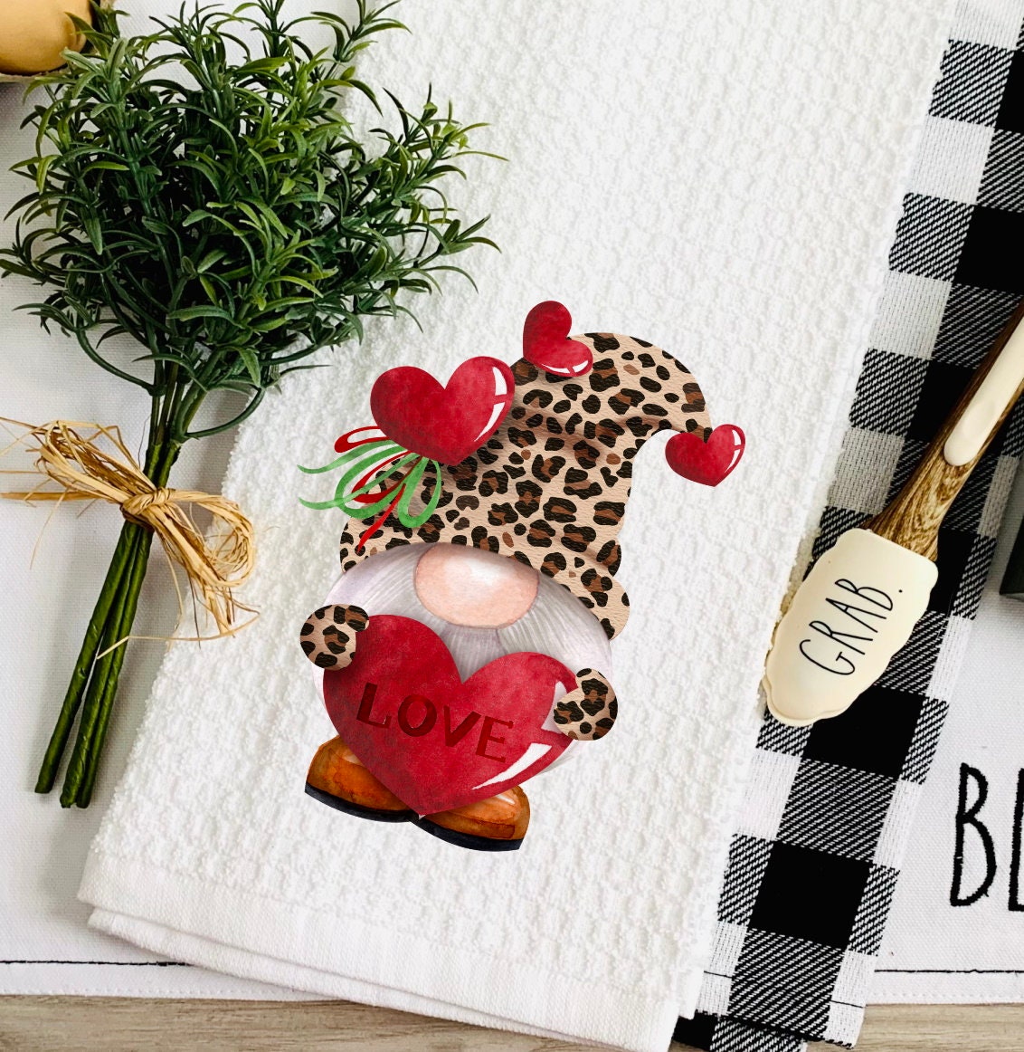 Valentine's Day Gnome Leopard Love Gnome Dish Towel - Hearts Tea Towel Kitchen Decor - New Home Gift Farm Decorations house Decor Towel