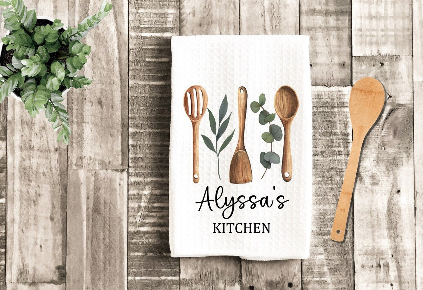 Watercolor Kitchen Utensils Personalized Tea Dish Towel - Eucalyptus Tea Towel Kitchen Décor - Housewarming Farm Decorations house Towel