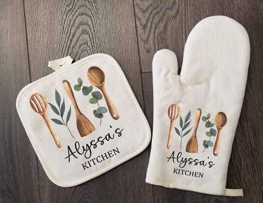 Watercolor Utensil Personalized Oven Mitt & Pot Holder Set, Grandma Gift Set Hand Drawn Whisk Spoon Oven Mitts, Gifts for Mom, Camping RV