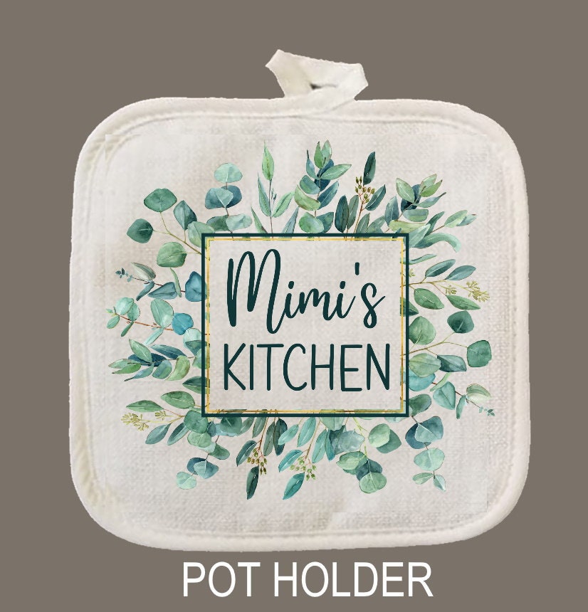 Kitchen Eucalyptus Personalized Oven Mitt & Pot Holder Set, Grandma Gift Set Personalized Oven Mitts, Gifts for Mom, Gift for Aunt