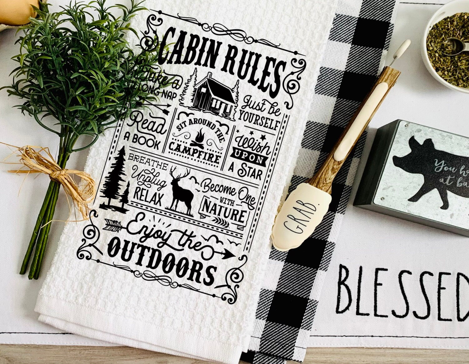 Cabin Rules Sayings Funny Dish Towel - Tea Towel Mountains Kitchen Decor - Camping RV Travel Trailer Kitchen Towel