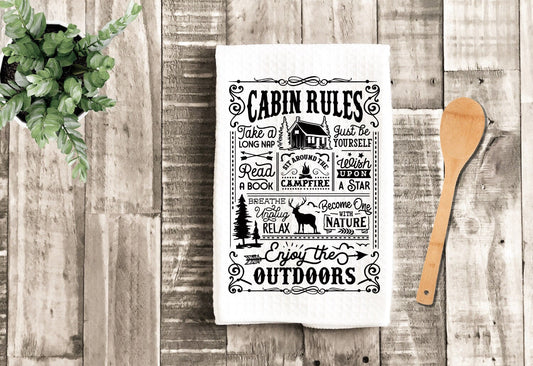 Cabin Rules Sayings Funny Dish Towel - Tea Towel Mountains Kitchen Decor - Camping RV Travel Trailer Kitchen Towel
