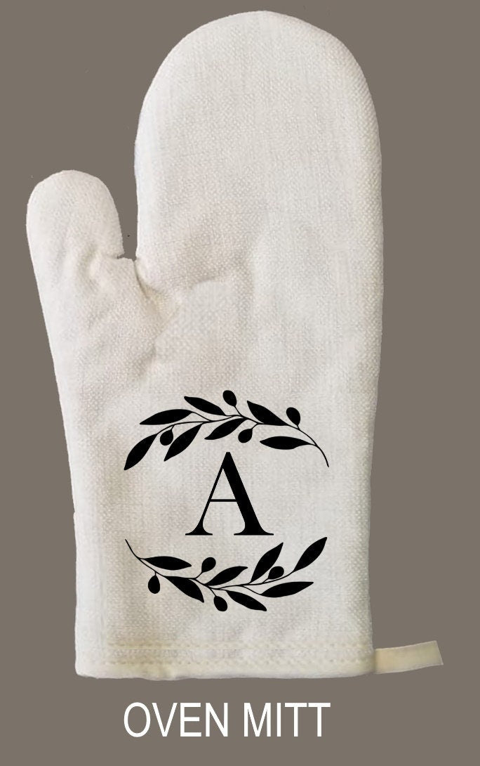 Monogram Olive Branch Oven Mitt & Pot Holder Set, Monogram Gift Set Wedding Bridal Shower Oven Mitts, Mother's Day, Camping RV