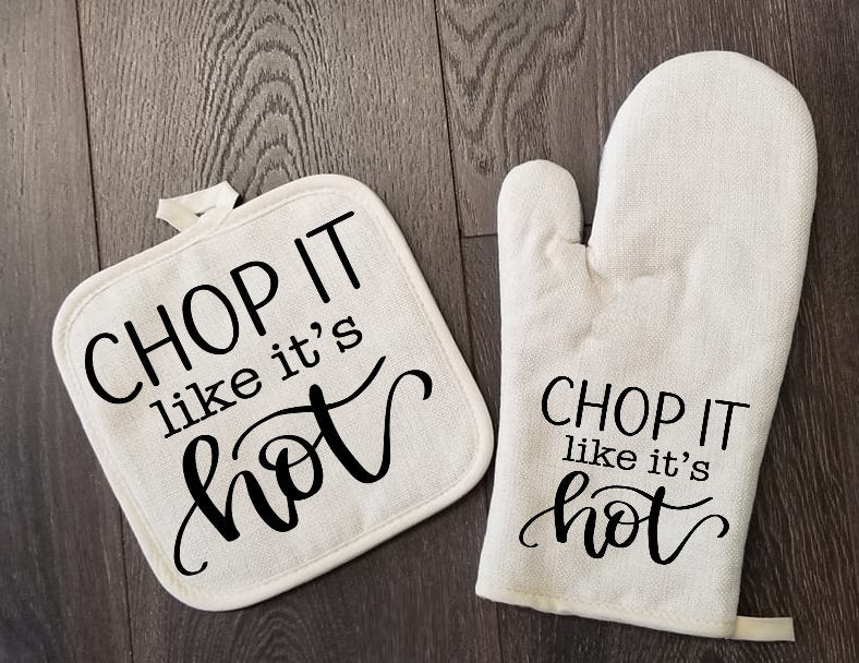 Chop It Like It's Hot Oven Mitt & Pot Holder Set, Linen Kitchen Gift Set Wedding Bridal Shower Oven Mitts, Gifts for Mom, Camping RV