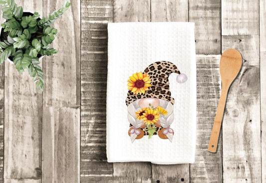 Gnome With Sunflowers Dish Towel - Leopard Gnome Tea Towel Kitchen Decor - New Home Gift Farm Decorations house Decor Towel