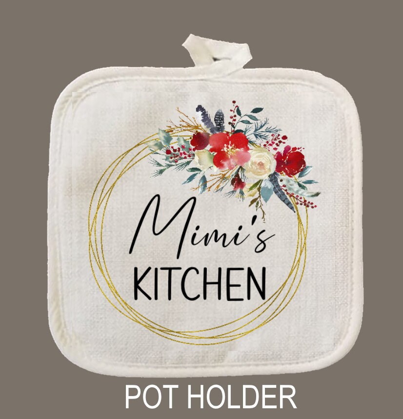 Personalized Oven Mitt & Pot Holder Set, Mimi Floral Frame Grandma Personalized Oven Mitts, Gifts for Mom, Mimi's Kitchen Camping RV