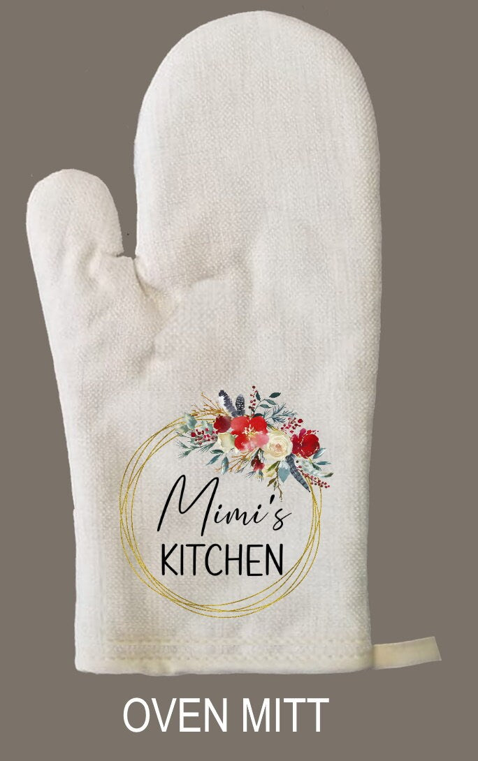 Personalized Oven Mitt & Pot Holder Set, Mimi Floral Frame Grandma Personalized Oven Mitts, Gifts for Mom, Mimi's Kitchen Camping RV