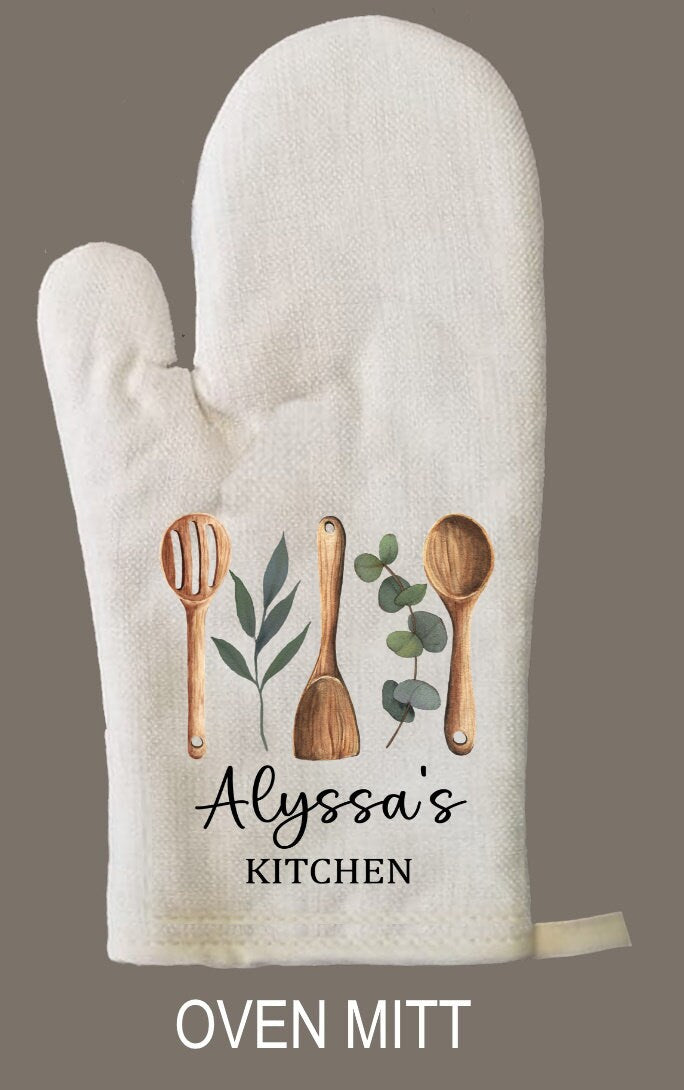 Watercolor Utensil Personalized Oven Mitt & Pot Holder Set, Grandma Gift Set Hand Drawn Whisk Spoon Oven Mitts, Gifts for Mom, Camping RV