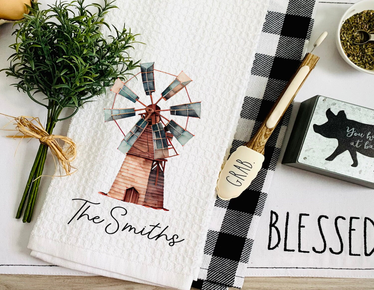 Personalized Windmill Tea Dish Towel - Watercolor Farmhouse Tea Towel Kitchen Décor - Housewarming Farm Decorations house Towel Gift
