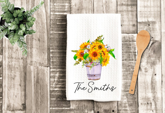 Sunflower Bouquet Tea Dish Towel - Sunflowers Bucket Towel Kitchen Décor - Housewarming Farm Decorations Farmhouse Waffle Towel