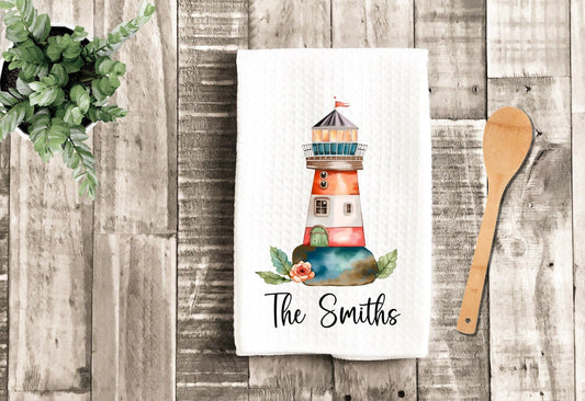 Personalized Lighthouse Tea Dish Towel - Watercolor Beach House Tea Towel Kitchen Décor - Housewarming Farm Decorations house Towel Gift