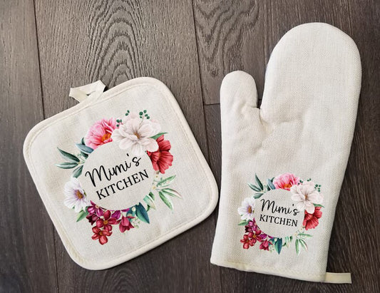 Personalized Oven Mitt & Pot Holder Set, Grandma Gift Set Personalized Oven Mitts, Gifts for Mom, Floral Mimi's Kitchen Camping RV