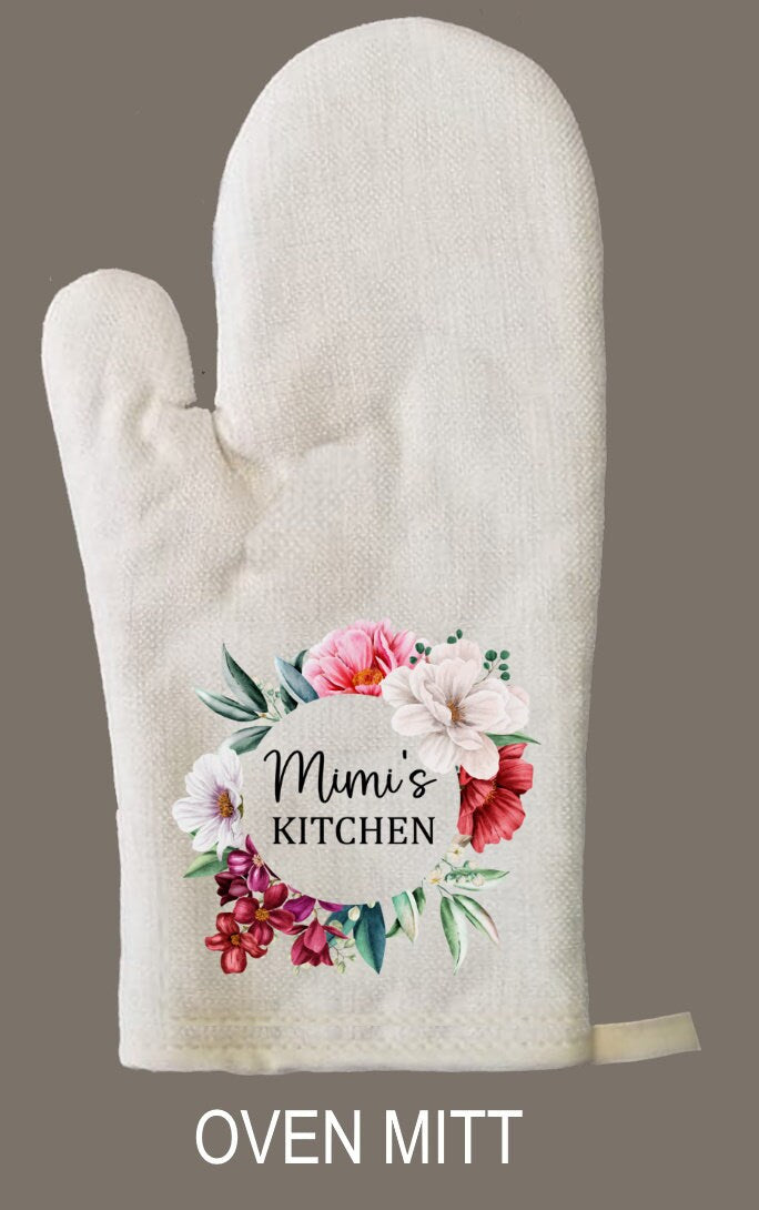 Personalized Oven Mitt & Pot Holder Set, Grandma Gift Set Personalized Oven Mitts, Gifts for Mom, Floral Mimi's Kitchen Camping RV