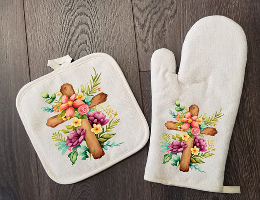 Floral Cross Oven Mitt & Pot Holder Set, Grandma Gift Set Personalized Oven Mitts, Gifts for Mom, Floral Mimi's Kitchen Camping RV