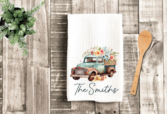 Personalized Floral Vintage Truck Tea Dish Towel - Watercolor Farmhouse Tea Towel Kitchen Décor - Housewarming Farm Decorations house Towel