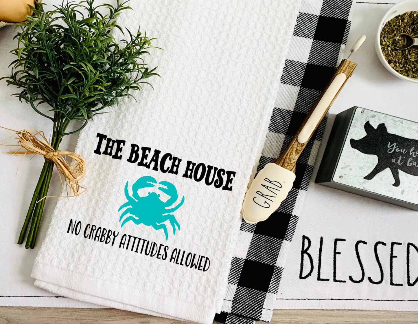 Beach House Crab Kitchen dish Towel - Beach House Crabby Attitudes Tea Towel Kitchen Decor - New Home Gift Decorations house Decor Towel