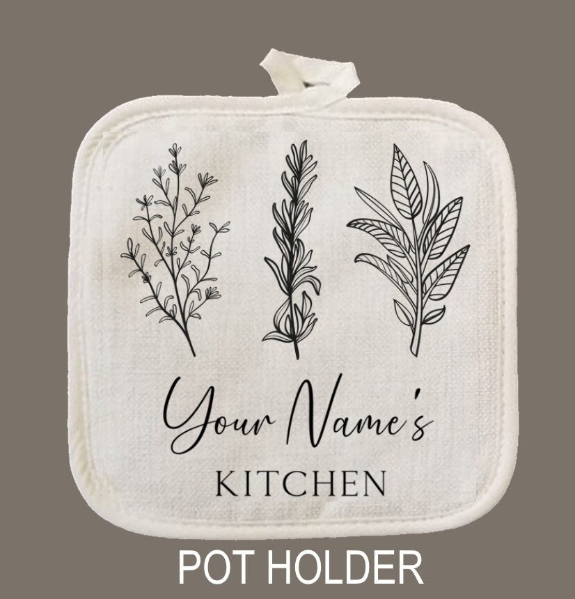 Personalized Oven Mitt & Pot Holder Set, Kitchen Herbs Oven Mitts Gift Set Wedding Bridal Shower, Mother's Day, Custom Kitchen Set