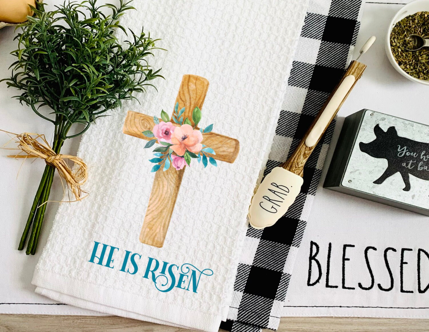 He Is Risen Cross Dish Towel - Floral Cross Christian Tea Towel Kitchen - New Home Gift, Housewarming Easter Decorations house Decor Towel