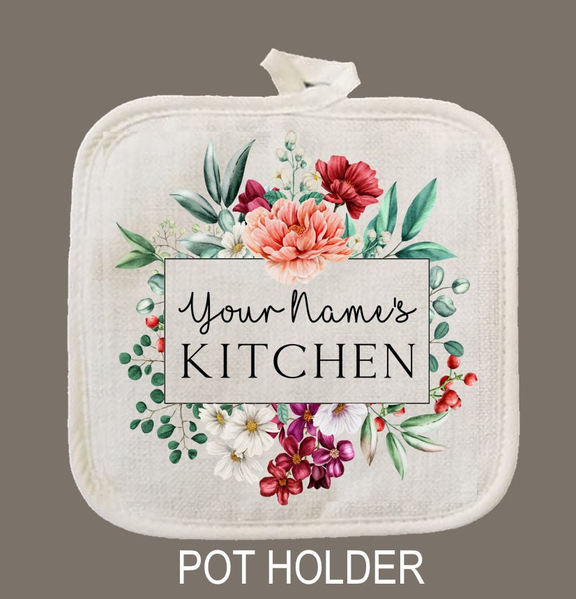 Personalized Oven Mitt & Pot Holder Set, Floral Name Gift Set Wedding Bridal Shower Oven Mitts, Mother's Day, Custom Kitchen Set