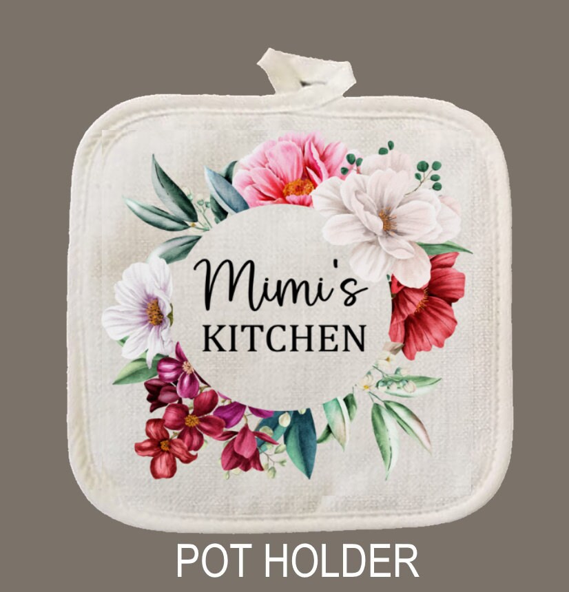 Personalized Oven Mitt & Pot Holder Set, Grandma Gift Set Personalized Oven Mitts, Gifts for Mom, Floral Mimi's Kitchen Camping RV