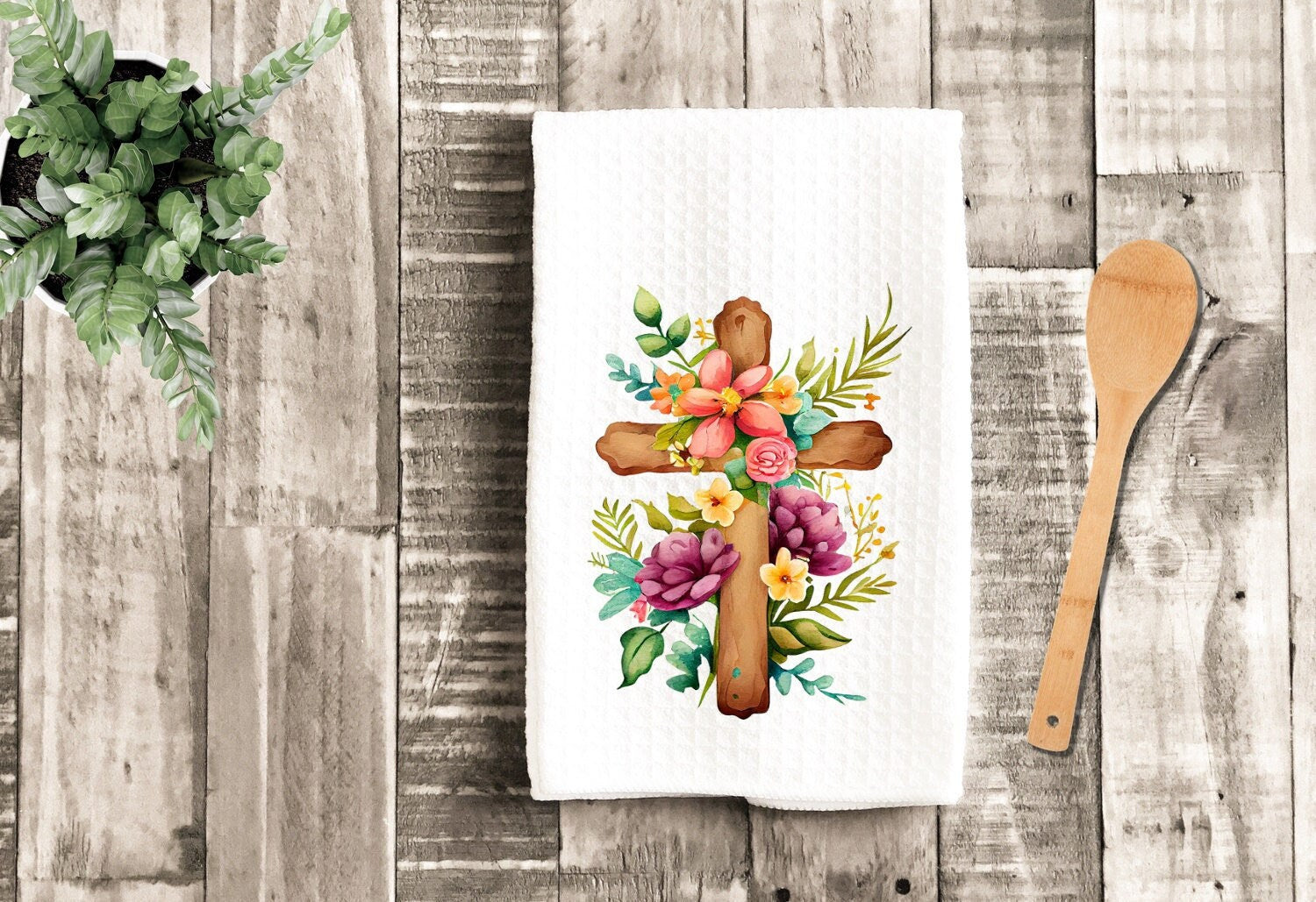 Floral Cross Dish Towel - Spring Flowers Christian Tea Towel Kitchen - New Home Gift, Housewarming Farm Decorations house Decor Towel